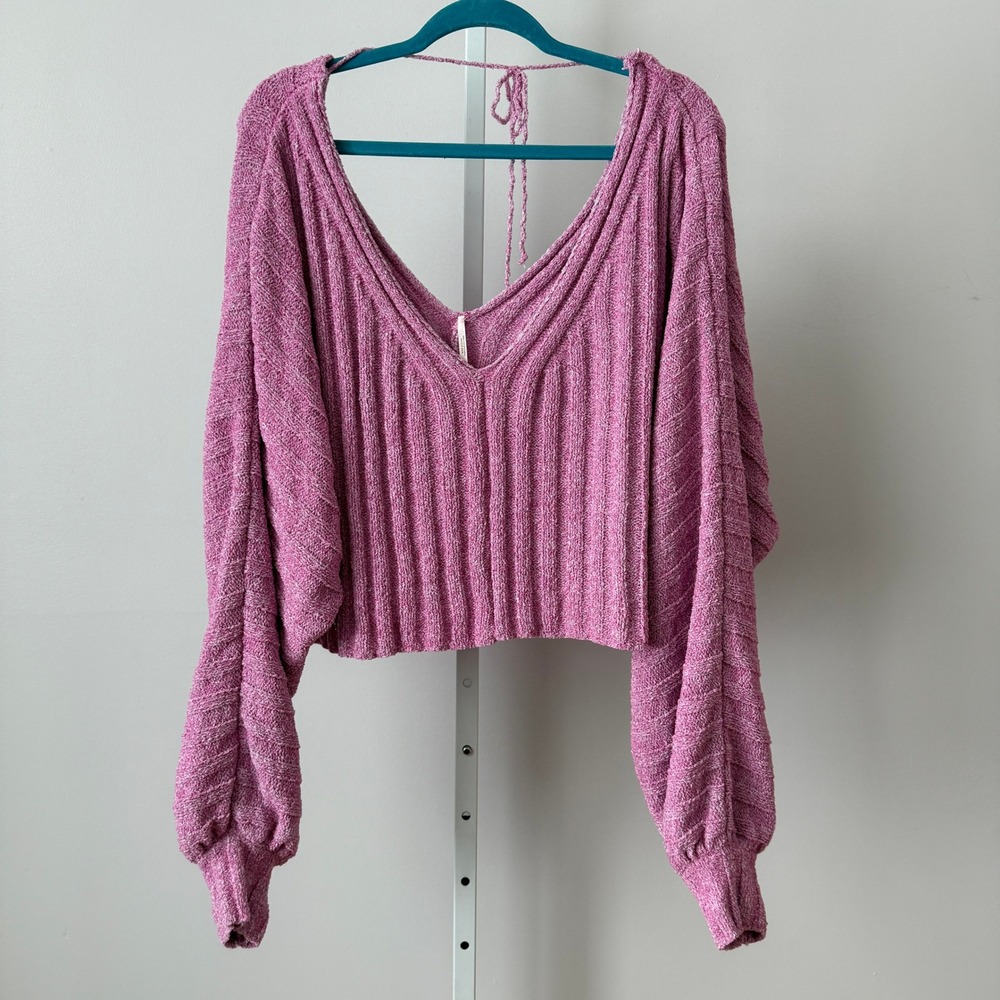 Free People sz‎ S Pink Ribbed V-Neck Balloon Sleeve Cropped Sweater Boho